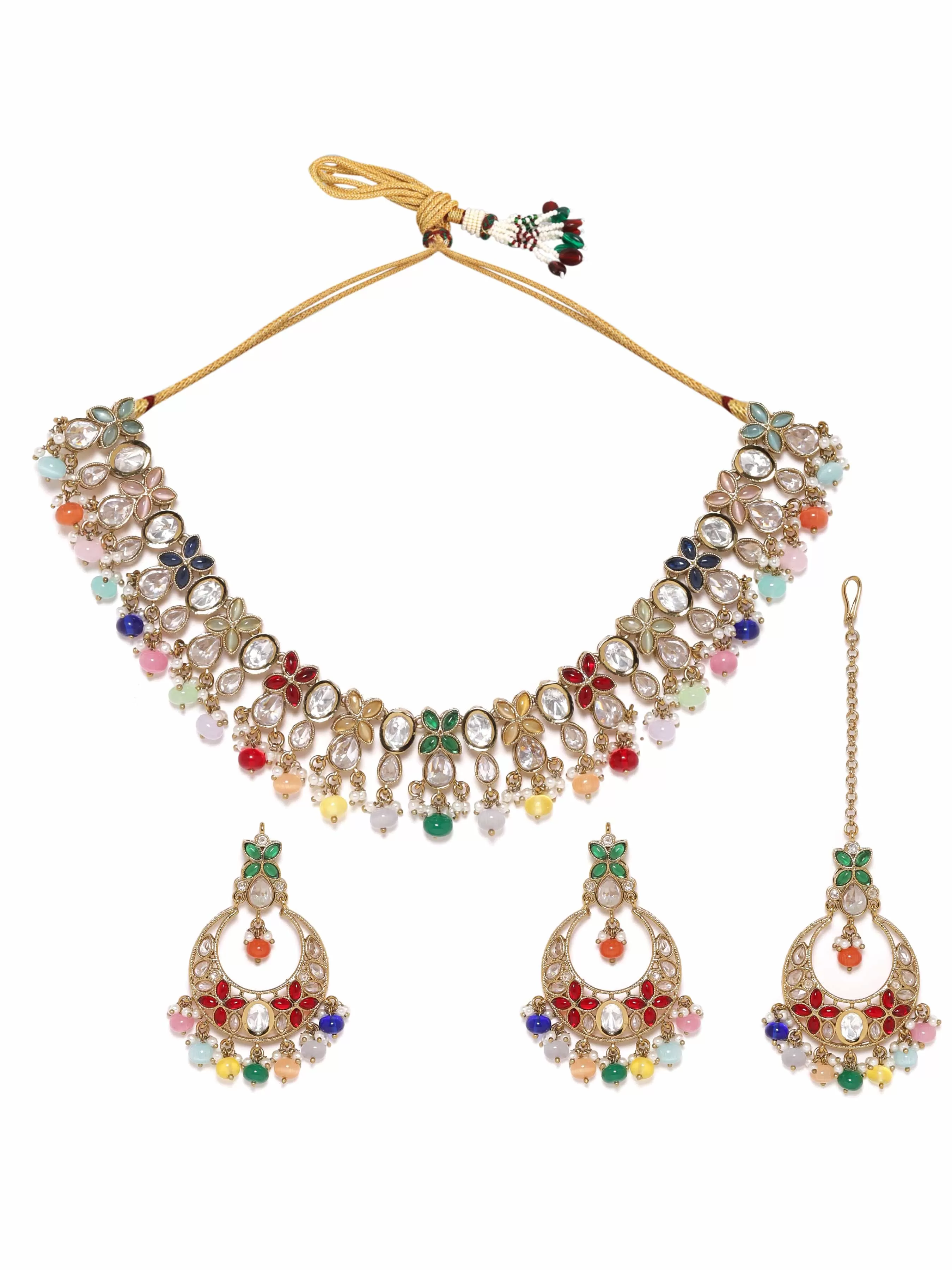 Rubans 22K Gold plated Multicolour beaded Polki studded  necklace set